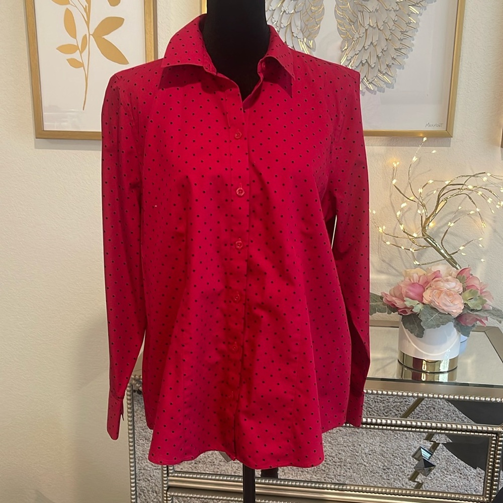 Chico’s red button down shirt w/black polka dots. Size 1 Medium Like new.